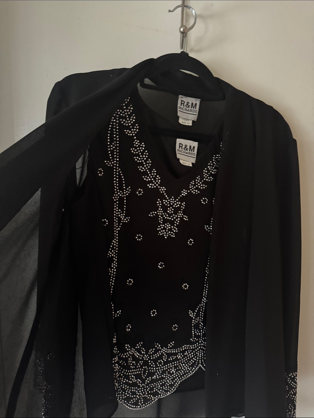 R&M Richards Black Embellished Evening Top with Sheer Scarf